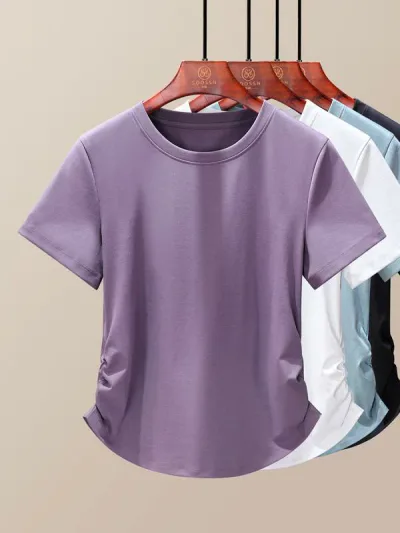 Tシャツ レディース 夏 半袖 ラウンドネック 収腰 スリム 高級感 伸縮性 トップス 普段使い コーディネート 軽量 吸湿速乾