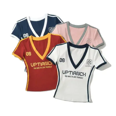 短袖Tシャツ レディース 夏用 Vネック プリント柄 アメリカンスタイル セクシー スリムフィット ウエストシェイプ ストレートショルダー ボディライン強調 カジュアル トップス 普段使い 軽量 伸縮性 吸湿速乾