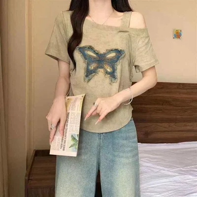 Tシャツ レディース 夏 肩出し 斜め襟 短袖 タイダイ染め 蝶柄 パッチ ゆったり ビッグシルエット ウエストシェイプ スリム効果 吸湿速乾 トップス ブラウス