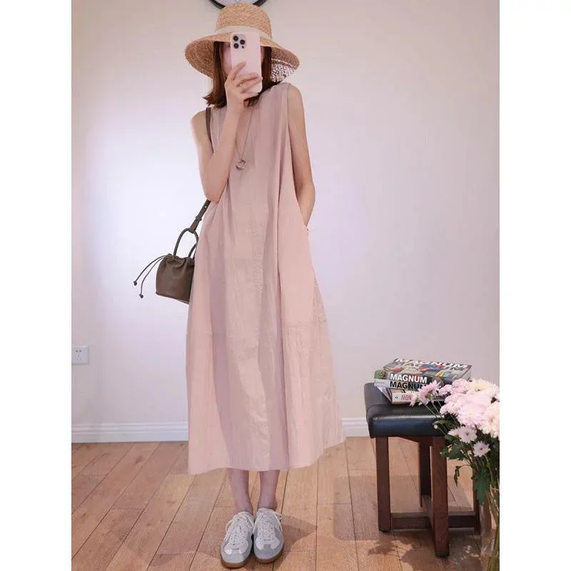 ワンピース レディース ピンク ノースリーブ マキシ ロングドレス 夏 ビーチ リゾート ゆったり フィット スリムライン 高級感 エレガント フェミニン リラックス