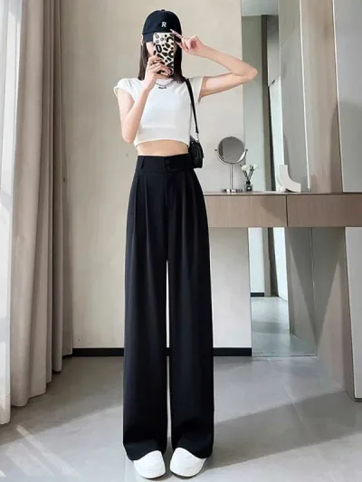 レディース スーツパンツ ハイウエスト ストレート ワイドレッグ 接触冷感 夏用 高級感 韓国スタイル 軽量 伸縮性 ブラック ピンク系 通勤用 普段使い