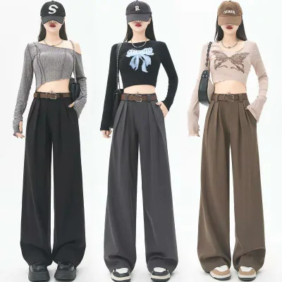スーツパンツ レディース グレー 春秋 ワイドレッグ ストレート ゆったり 垂れ感 高級感 小柄対応 通勤用 ビジネス トラウザーズ ペティート シルエット