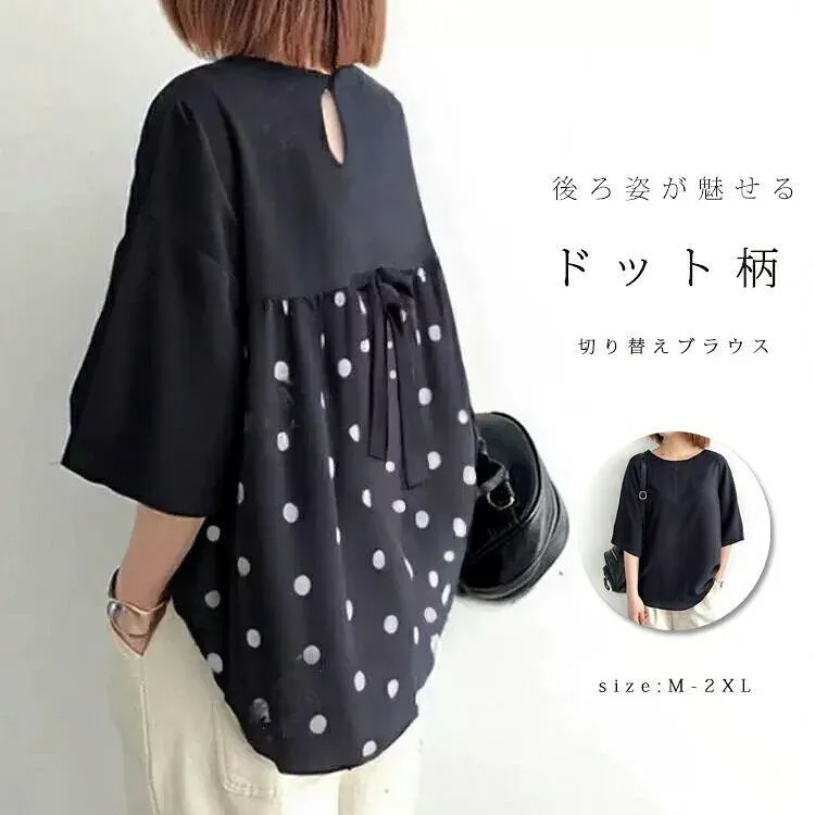 ブラウス 半袖 レディース 半袖ブラウス 柄 おしゃれ 半袖シャツ 涼しい トップス 春 夏 バックリボン ドット 水玉 シャツブラウス 7分袖 大きいサイ 七分袖 ゆったり カジュアル