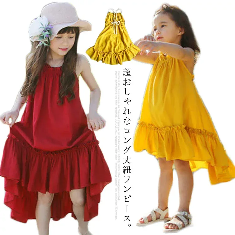 キャミソールワンピース リゾート ワンピース サンドレス 送料無料 子供服 親子ペア ノースリーブ 夏ワンピ ロングワンピース フリル キッズ ジュニア