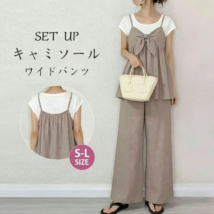 セットアップ キャミソール パンツ 2点セット レディース パンツドレス パンツスーツ フロントリボン 蝶結び ノースリーブ 春夏 夏 無地 女の子 日常デー 通勤 卒業式 ガウチョパンツ ワイドパンツ 体型カバー ゆったり 脚長効果 欧米風 カジュアル レイヤード風 重ね着
