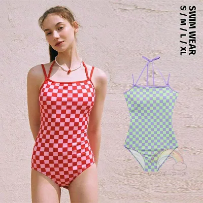 レディース フィットネス水着 タンキニ ビキニ チェック柄 かわいい グリーン レッド 結び S M L XL