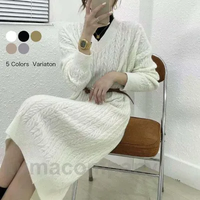 ニットワンピ レディース Vネック ワンピース Aライン ニット ケーブル編み ロングワンピ 秋 冬 ニットワンピース オフィス カジュアル ゆったり