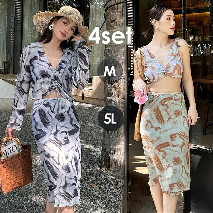4点セット タンキニ 水着 大きいサイズ 4L 5L レディース 体型カバー水着 ぽっちゃり 洋服見え スカート セパレート おしゃれ かわいい オトナ女子 温泉 露出控えめ セットアップ 韓国 セクシー 大人 女性用 20代 30代 40代 ds040d7d7m3