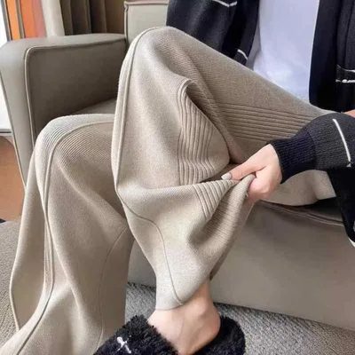 レディース ニット ワイドパンツ 秋冬 ハイウエスト ゴムウエスト 小柄対応 ドレープ感 ストレートシルエット カジュアル ゆったり 暖かみ 伸縮性 普段使い 柔らかい素材