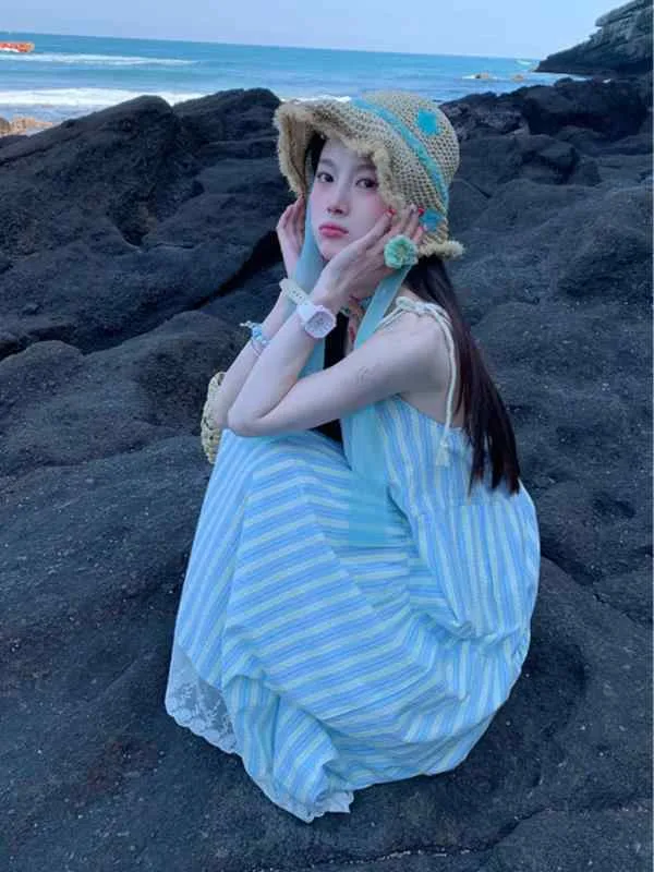 レディース ワンピース ストライプ ノースリーブ 夏 海辺 リゾート フレンチスタイル エレガント フィット 小柄対応 ロング丈 ビーチドレス キャミソール ゆったり 涼しい 軽量 コットン混 ビッグシルエット 通勤以外 普段使い アウトドア