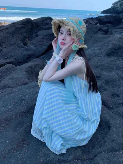 レディース ワンピース ストライプ ノースリーブ 夏 海辺 リゾート フレンチスタイル エレガント フィット 小柄対応 ロング丈 ビーチドレス キャミソール ゆったり 涼しい 軽量 コットン混 ビッグシルエット 通勤以外 普段使い アウトドア