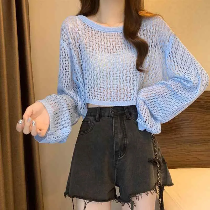 レディース 夏 ニット トップス ゆったり 灯籠袖 短丈 透けメッシュ 薄手 キャンディカラー かわいい 丸首 長袖 軽量 吸湿速乾 通勤 普段使い