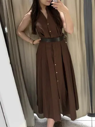 ワンピース レディース Vネック ノースリーブ ミディ丈 ミモレ丈 ベルト付き 切り替え ハイウエスト Aライン 無地 シンプル きれいめ 上品 高級感 オフィス 通勤用 普段使い デート 女子会 体型カバー 着痩せ 細見え ゆったり 大きいサイズ プラ