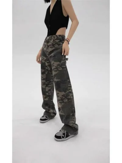 パンツ レディース 秋冬 デニム 迷彩 カーゴパンツ ハイウエスト ストレート ワイドパンツ ゆったり 体型カバー 着痩せ 細見え 大きめ サイズ ワークパンツ アウトドア 普段使い カジュアル 性 おしゃれ ズボン ボトムス