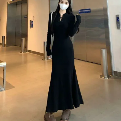 ワンピース レディース 春秋 長袖 ロング丈 膝下丈 チャイナドレス風 チャイナ服 切り替え フィッシュテール マーメイド 大きいサイズ ゆったり 体型カバー 着痩せ 細見え お腹周り 二の腕カバー 新中国風 国風 エレガント 普段使い お出かけ お