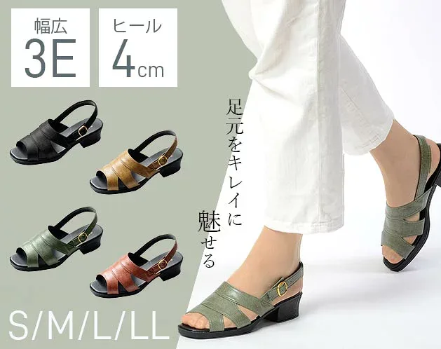 脱ぎ履きラクで美脚見え バッグバンドサンダル 日本製 合成皮革 4cmヒール 3E相当 全4色 S-LL(22.0-24.5cm)