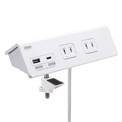 サンワサプライ(Sanwa Supply) 電源タップ クランプ固定式 4個口・2ピン USB A/Type-C 各1ポート ホワイト TAP-