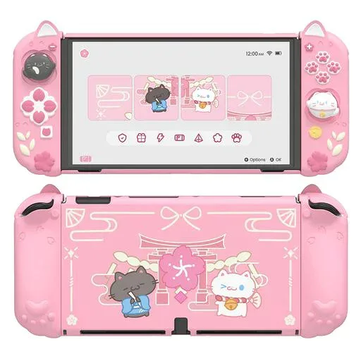 PlayVital Nintendo Switch OLED対応 保護ケース 耐衝撃 ドック対応 有機el対応ハードカバー+シリコングリップ付き 折り畳み式スタンド付属 和風子猫デザイン【ピンク】