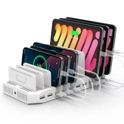 ALXUM 60W USB充電ステーション 10ポート PSE認証済 スマートIC内蔵 仕切り板調整可能 5-8台同時充電 5V 2.4A 卓上収納 ANDROID/IPHONE/IPAD/KINDLE/タブレット/スマホ/PSP対応 ホワイト