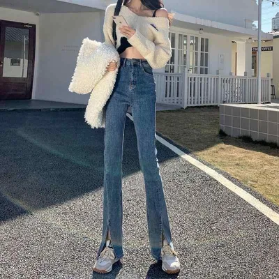レディース デニムパンツ 牛仔 微喇 春夏 秋冬 通勤 普段使い 高腰 ハイウエスト 膝下フレア ワイドレッグ ロング丈 ドラッグ 黒 ヴィンテージブルー ライトブルー 綿 ストレッチ 軽量 柔らか素材 吸湿速乾 切り替えデザイン 気質 優雅 かわいい