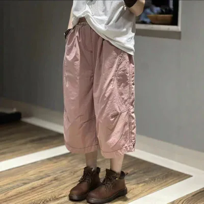 レディース 七分パンツ 洗い加工コットン ワイド ストレート ゆったりシルエット 伸縮なし 薄手 ミシンステッチ 切り替え デイリーカジュアル 普段使い 夏 2025春夏 コットン80%以上 ブラック グレー ベージュ ピンク ブルー 通勤 通学 軽量