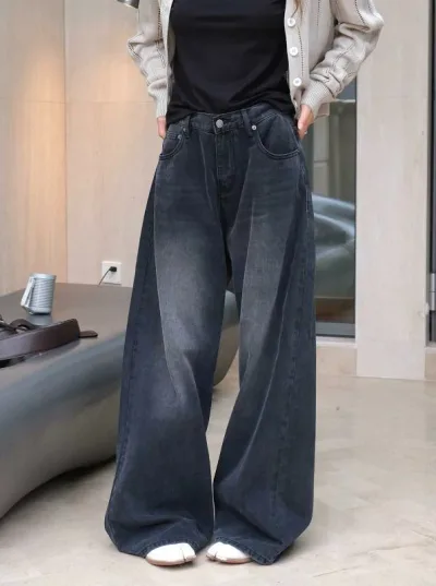 レディース 秋冬 牛仔パンツ 黒 ワイドレッグ デニム 長ズボン ゆったり デイリー 綿素材 95% 厚手 微弾性 切り替えデザイン 日韓カジュアル 調整腰 基本スタイル 洗い加工 ブラック グレー調 ヴィンテージ風 ルーズフィット ストレッチ 通勤 普