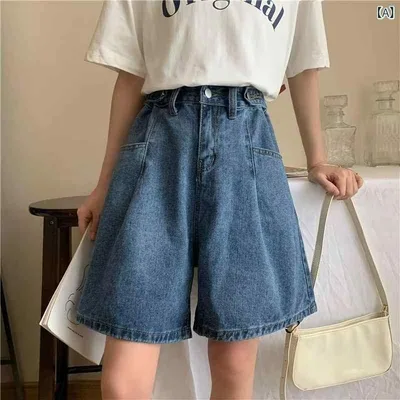 デニムショーツ レディース 夏用 ビッグサイズ 牛仔布 ワイドレッグ 中腰 ハイウエスト 軽量 微弾性 接触冷感 吸湿速乾 ラッパーパンツ ストリートファッション 復古ブルー 普段使い 通勤 通学 韓国風 基本スタイル 五分丈 切り替えデザイン ラッキー