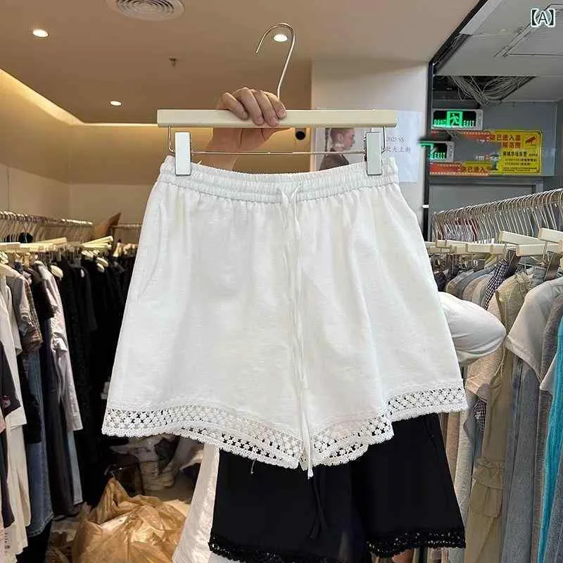 レディース ショートパンツ 夏 ワイドレッグ 韓国風 ゆったり ゴムウエスト 花辺 スリム効果 直筒 ミドルライズ コットン混紡 ポリエステル 中弾力 気質 通勤 日常 都市 カジュアル ホワイト ブラック 軽量 快適 切り替え