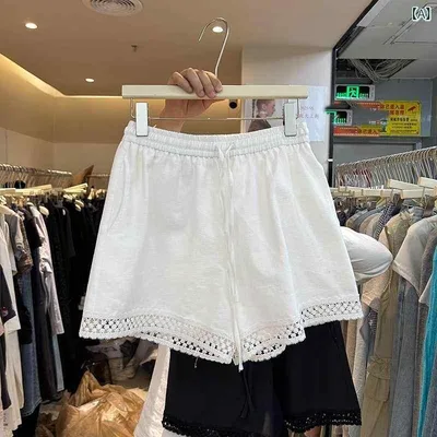 レディース ショートパンツ 夏 ワイドレッグ 韓国風 ゆったり ゴムウエスト 花辺 スリム効果 直筒 ミドルライズ コットン混紡 ポリエステル 中弾力 気質 通勤 日常 都市 カジュアル ホワイト ブラック 軽量 快適 切り替え