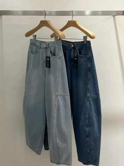 デニムパンツ 女性用 春夏 韓国風 ハーレムパンツ ロング丈 ハイウエスト ミディアム厚 切り替えデザイン ストレートシルエット ワイドレッグ ゆったりカジュアル 軽量 微弾性 吸湿速乾 デイリーユース インディゴブルー ライトブルー ストレッチ素材 韓