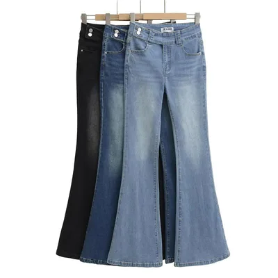 レディース デニムパンツ ハイウエスト ロング丈 微喇型 綿混 ストレッチ スリムフィット 細身効果 ヴィンテージ ウォッシュ加工 黒灰 ダークブルー ライトブルー 日韓カジュアル ストリートスタイル 夏用 軽量 通勤 普段使い