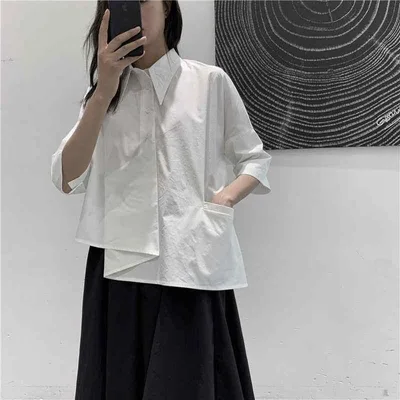 レディース ブラウス 黒 白 七分袖 ゆったり デザイン ブラウス ポリエステル 素材 ポロ 襟 シンプル スタイル 通勤 気質 甘い 清新 秋 風