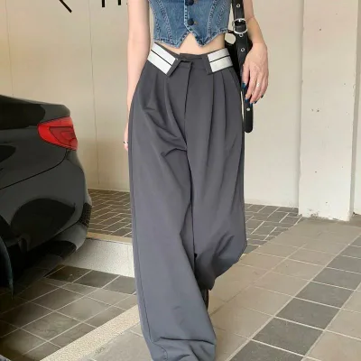 女性用 ワイドパンツ 高腰 ストレートパンツ 黒 グレー 夏 西装パンツ スーツパンツ 通勤 気質スタイル ポリエステル 薄手 微弾性 切り替え 快適 レジャー ロング丈 垂感 ゆったり スリム効果