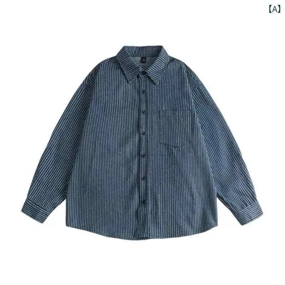 儒孟 潮 牌 水洗い 縞 カウボーイ 長袖 シャツ 男女 日系 レジャー city boy 青い シャツ コート