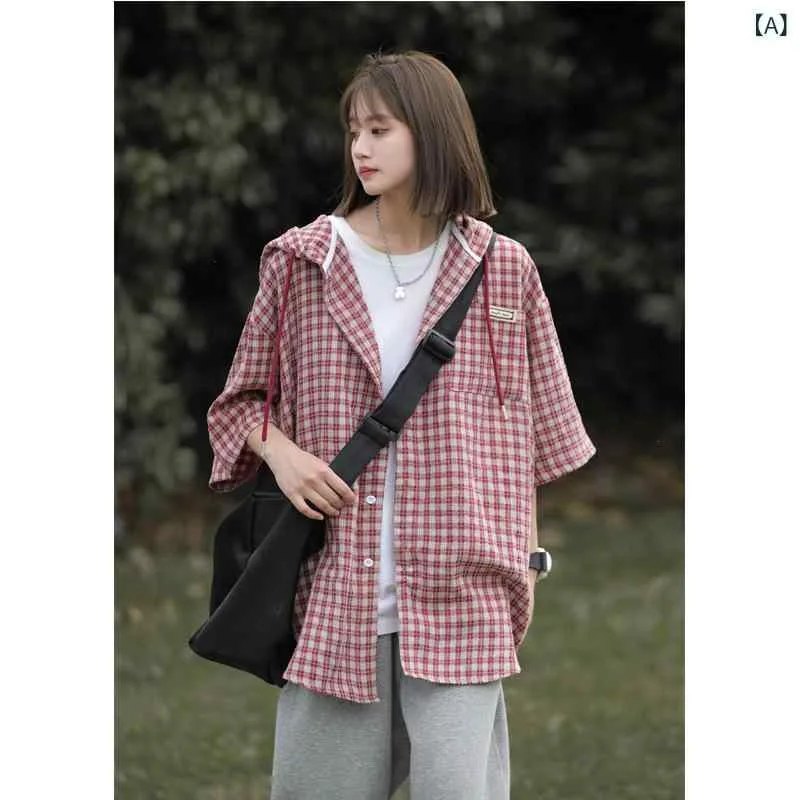 汚れた ピンクの 格子 シャツ 男性 半袖 潮 牌 アメリカ 七 分 袖 シャツ oversize フード 付き カップル 服 コート
