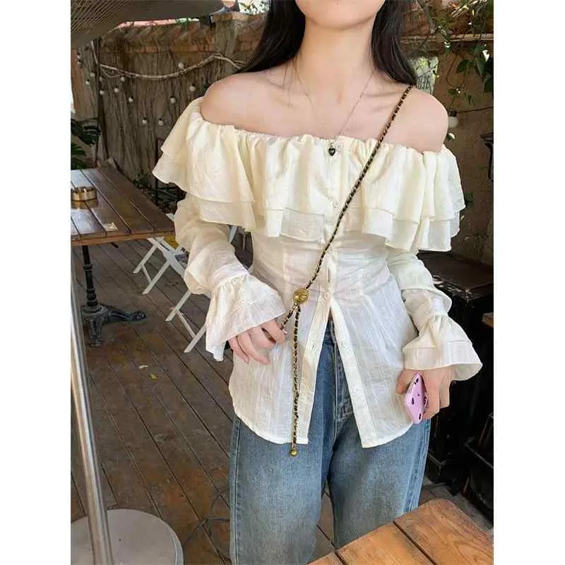 シャツ レディース 春夏 法式 フレンチ ガーリー オフショルダー 荷葉辺 ギャザー ウエストシェイプ 韓国風 おしゃれ かわいい トップス