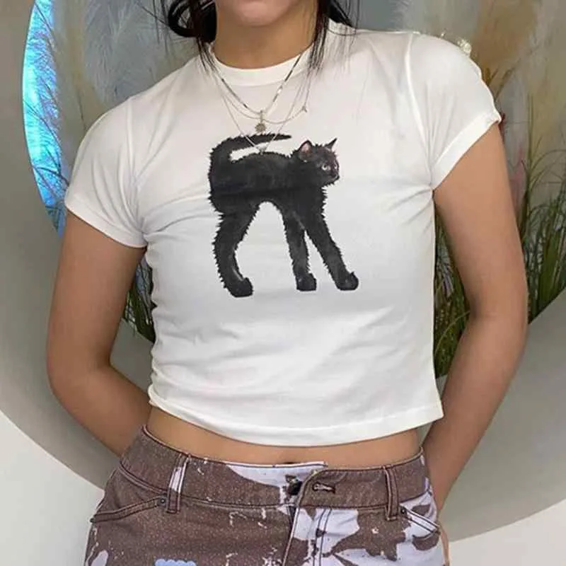 Tシャツ レディース 半袖 猫柄 ラウンドネック カジュアル 通勤 スタイルアップ ストリート系