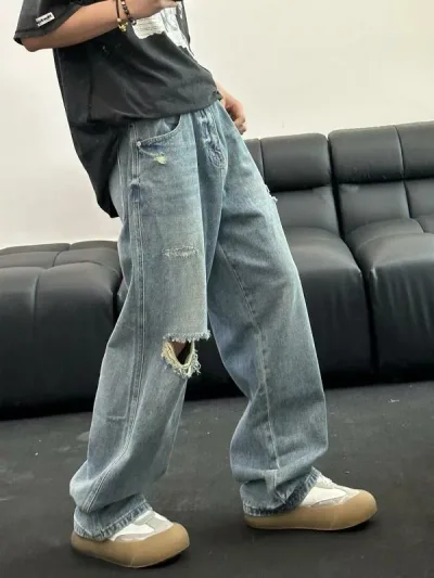 デニムパンツ メンズ レディース ワイドパンツ ジーンズ ストレート ダメージ加工 ヴィンテージ風 ウォッシュ加工 ゆとりある シルエット オールシーズン 普段使い カジュアル