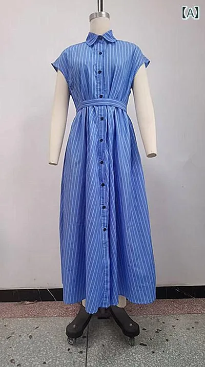 เดรสเชิ้ตสตรี ลายทาง ความยาวมิดิ คอปก แขนสั้น เครื่องหมายเอว กระดุมหน้า ทรงเอว ยาว ปกปิดร่างกาย เคลื่อนย้ายง่าย การเดินทาง สำนักงาน ออกไปข้างนอก เสื้อผ้าฤดูร้อน