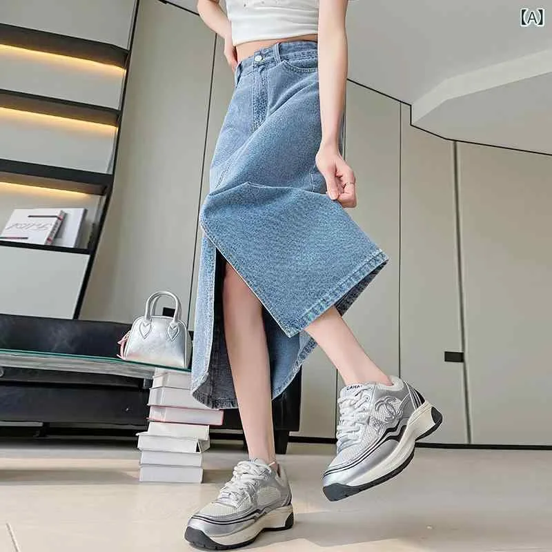 デニムスカート レディース ロング丈 ハイウエスト タイトスカート Aライン スリット入り 洗い加工 ミモレ丈 ボトムス 体型カバー 動きやすい 通勤 通学 デイリー カジュアル おしゃれ