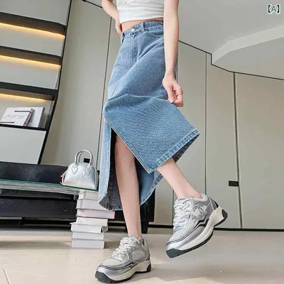 デニムスカート レディース ロング丈 ハイウエスト タイトスカート Aライン スリット入り 洗い加工 ミモレ丈 ボトムス 体型カバー 動きやすい 通勤 通学 デイリー カジュアル おしゃれ