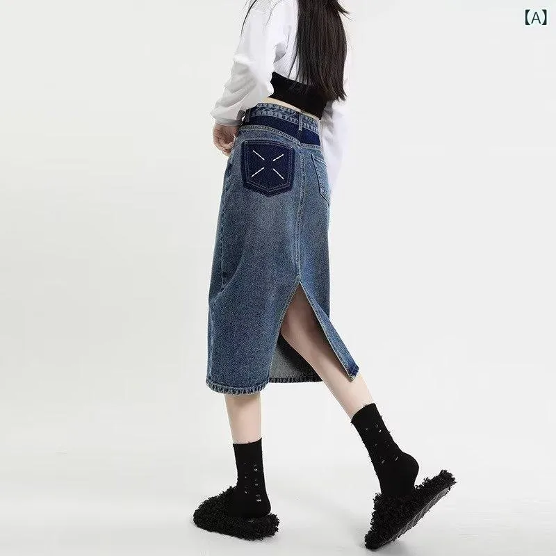 デニムスカート レディース Aライン ハイウエスト ロング丈 スリット入り ストレッチ素材 美脚効果 タイトシルエット カジュアル 大人かわいい お出かけ デート服 体型カバー 動きやすい