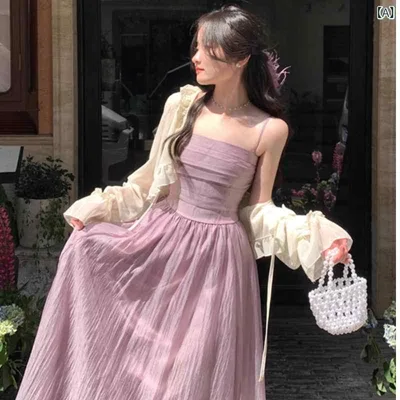 ワンピース レディース サマードレス ノースリーブ ロング丈 ウエストシェイプ パープル フレアシルエット 体型カバー 着痩せ お出かけ 旅行 デート リゾート 春夏 シンプル 無地 フェミニン