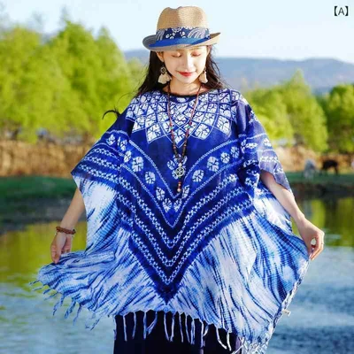 ポンチョ レディース ストール 大判 薄手 日焼け防止 ケープ 夏用 春用 ブルー系 フリンジ 紫外線対策 冷房対策 海辺 リゾート 旅行 持ち運び便利