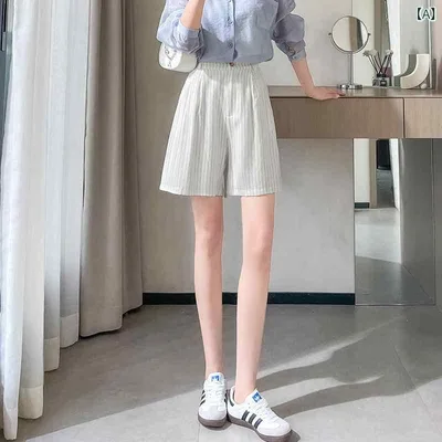ショートパンツ レディース リネン混 ワイドパンツ 五分丈 Aライン ウエストゴム 薄手 ストライプ 通気性 体型カバー 動きやすい 夏服 涼しい