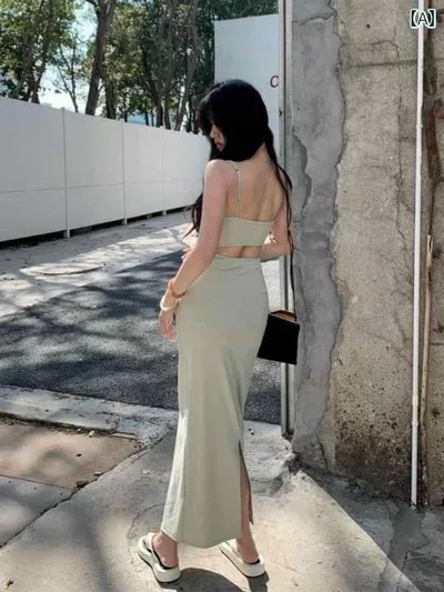 ロングワンピース レディース キャミソールタイプ ウエストマーク バックスリット タイトシルエット シンプルスタンダードベーシック無地ナチュラルカジュアル普段使い