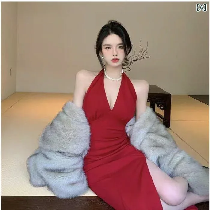 ロングワンピース レディース ホルターネックバックオープンスリット ノースリーブマキシ丈背中あき レトロシンプル無地 ワインレッドリゾートビーチ海旅行デート 定番ベーシックスタンダードナチュラルカジュアル