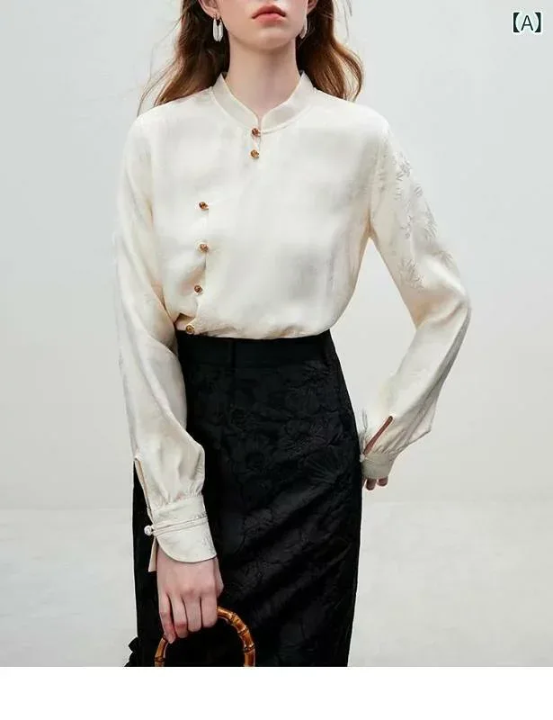 ブラウス レディース 長袖 チャイナ風 シャツ 立ち襟 竹柄 プリント 透け感 涼しい 着心地 快適 お出かけ デイリー トップス 女性 婦人服 カジュアル 春秋 コーデ 上品 スタンドカラー 質感 柔らかい 素材 普段使い モダン スタイル ゆった