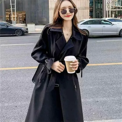トレンチコート レディース アウター ロング丈 膝下丈 ミドル丈 ネイビー コットン素材 撥水加工 防風 襟付き 通勤 通学 通気性 ゆったり 軽量 体型カバー 春秋 羽織り おしゃれ きれいめ 大人