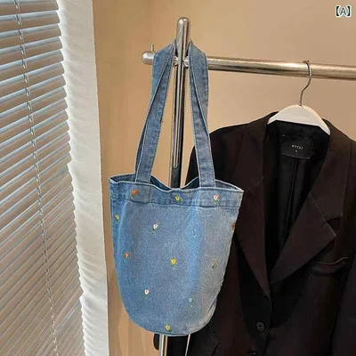 ショルダーバッグ レディース デニムバッグ 刺繍 バケツ型 大容量 肩掛け 斜めがけ 花柄 コットン素材 カジュアル 通学 通勤 お出かけ 旅行 軽量 丈夫 マチ広 収納 手提げ 縦型 2way 巾着型 ギフト プレゼント